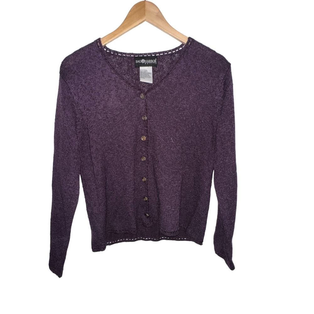 Vintage Cozy Knit Purple Sweater Sunflower Button Front Cottage Granny Boho S